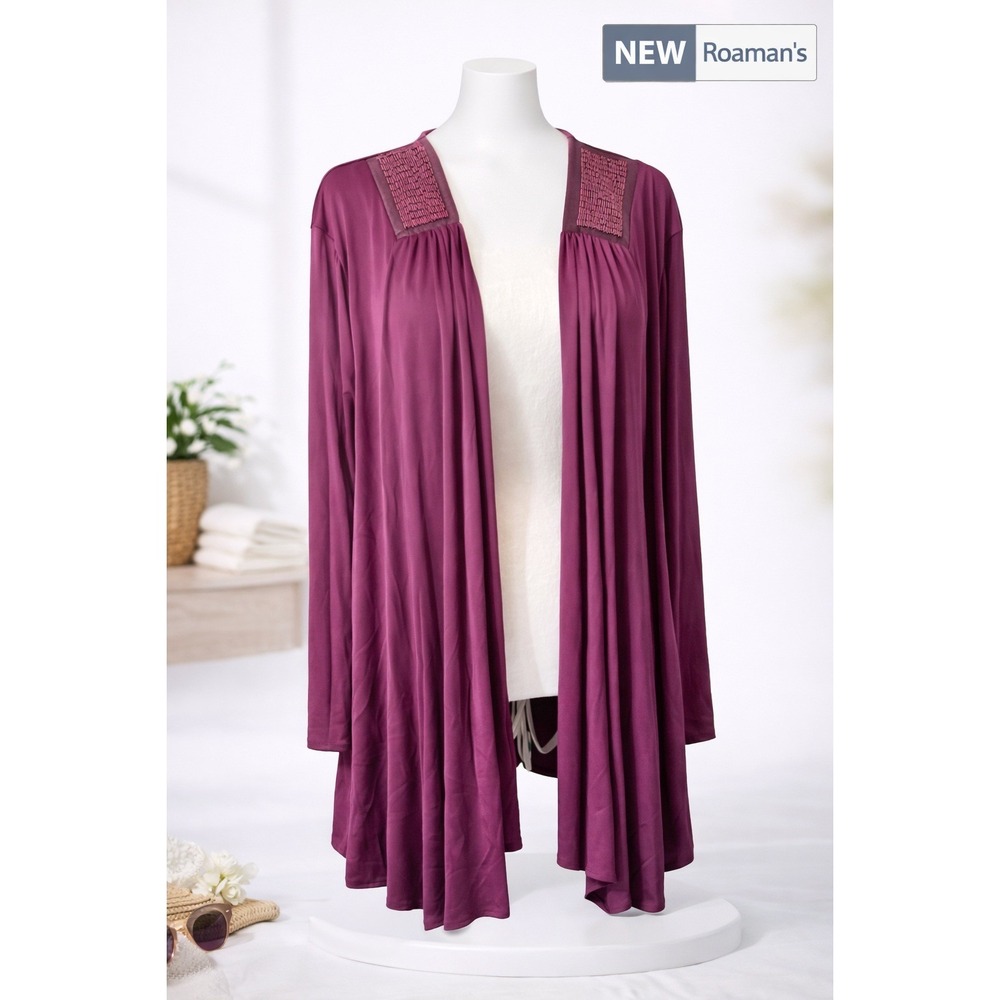 Roamans Plum Purple Beaded Shoulder Open Front Cardigan 2X Plus Size NEW